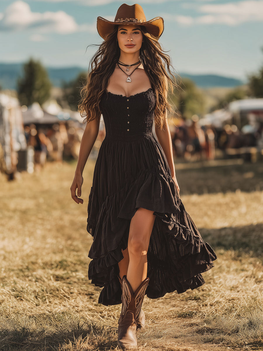 Dakota – Vestido longo preto sem mangas com babados e detalhes plissados