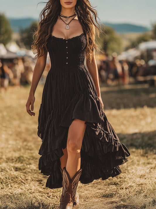 Dakota – Vestido longo preto sem mangas com babados e detalhes plissados