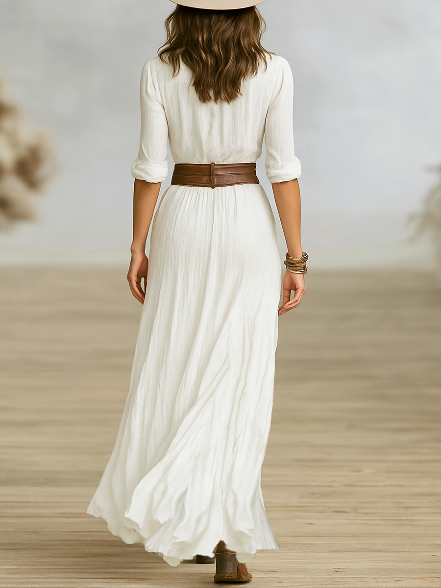 Vestido longo feminino em imitação de algodão e linho com gola de lapela