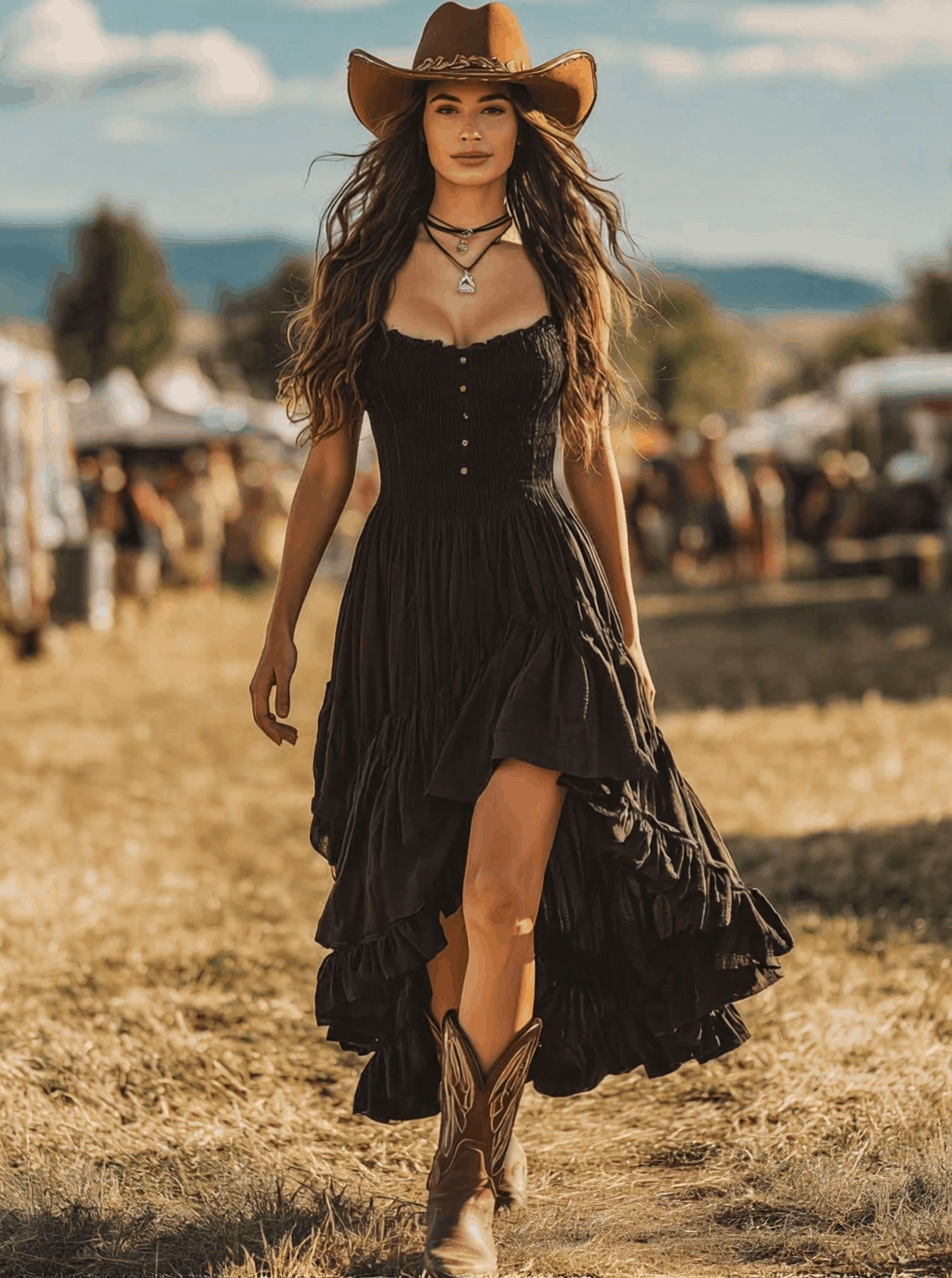 Dakota – Vestido longo preto sem mangas com babados e detalhes plissados