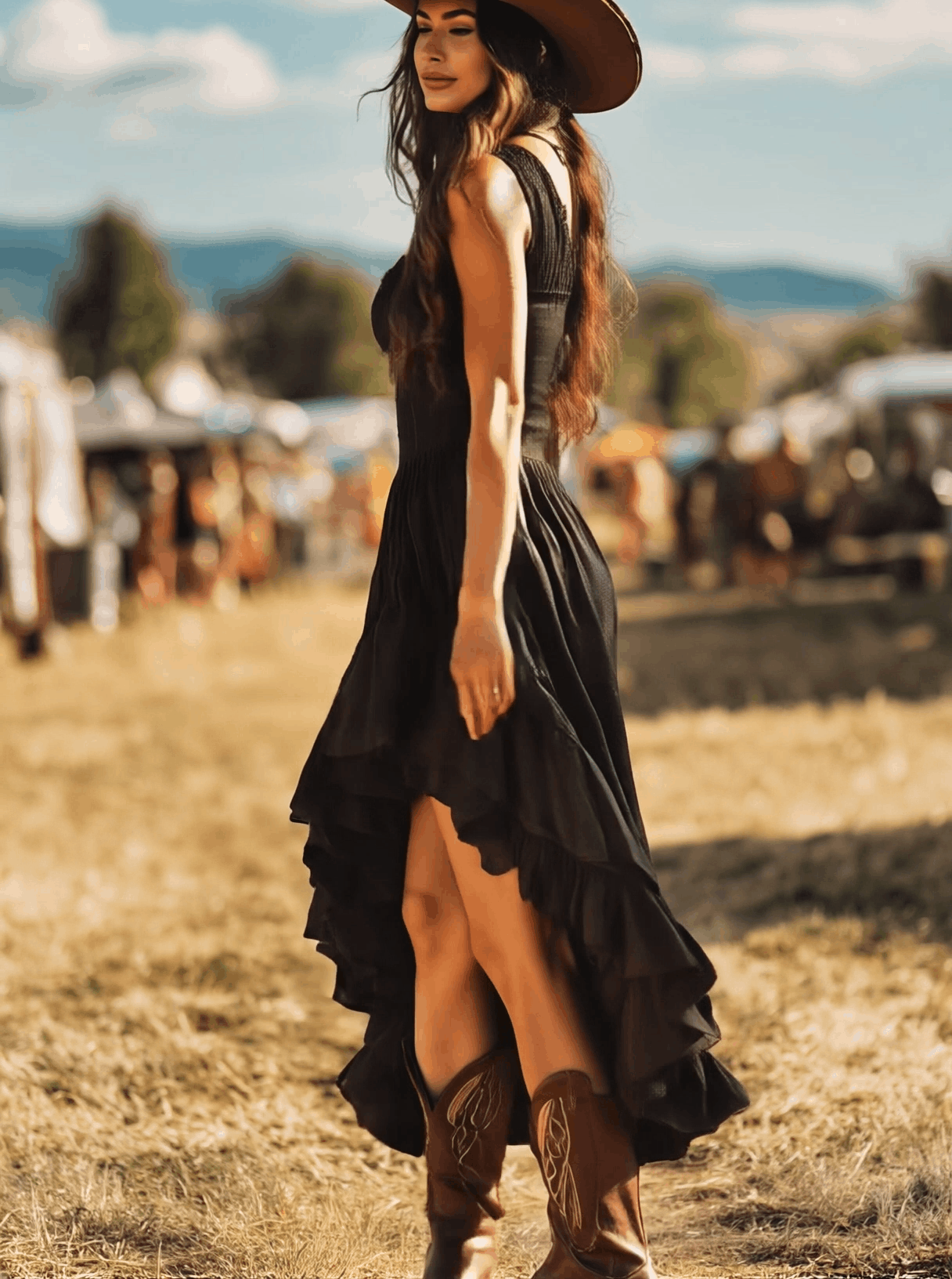 Dakota – Vestido longo preto sem mangas com babados e detalhes plissados
