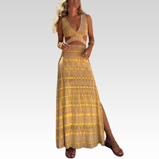Angelica | Vestido elástico com fenda e decote estampado