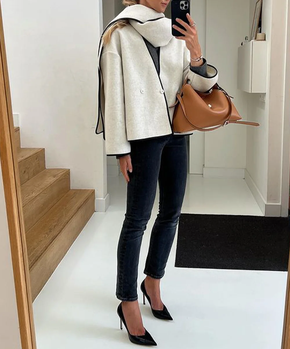 Isabella - Casaco curto de estilo minimalista francês com cachecol