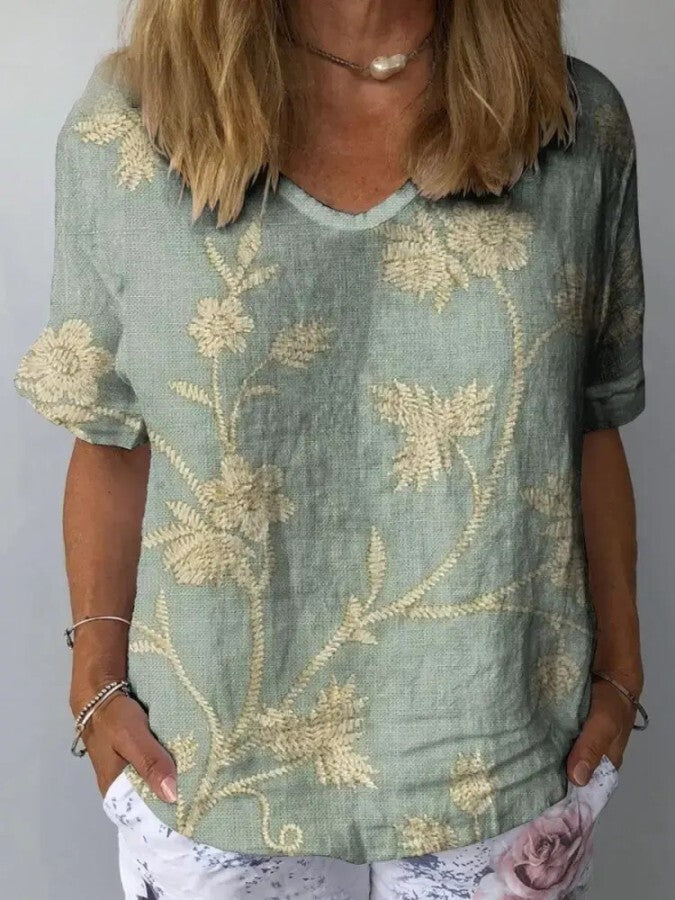 Camisa casual para mulher com estampado floral retro em algodão e linho