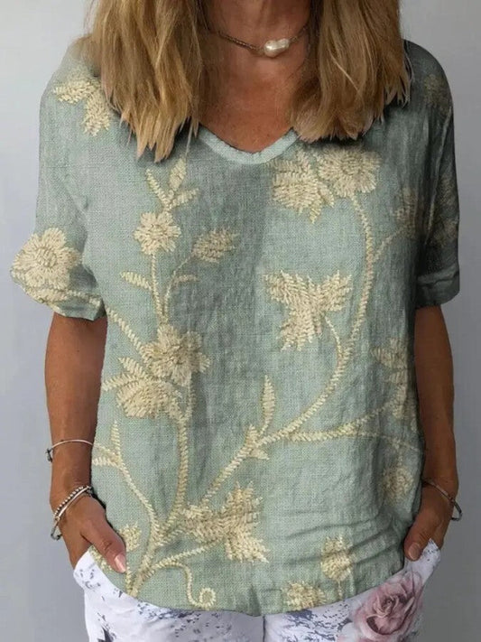 Camisa casual para mulher com estampado floral retro em algodão e linho