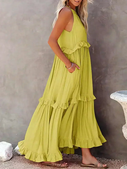 Sarah | Vestido longo com babados e alças finas