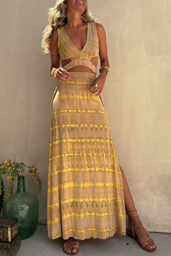 Angelica | Vestido elástico com fenda e decote estampado