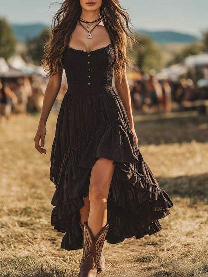 Dakota – Vestido longo preto sem mangas com babados e detalhes plissados