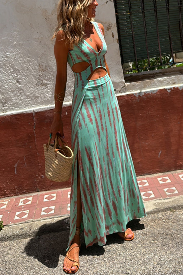 Angelica | Vestido elástico com fenda e decote estampado
