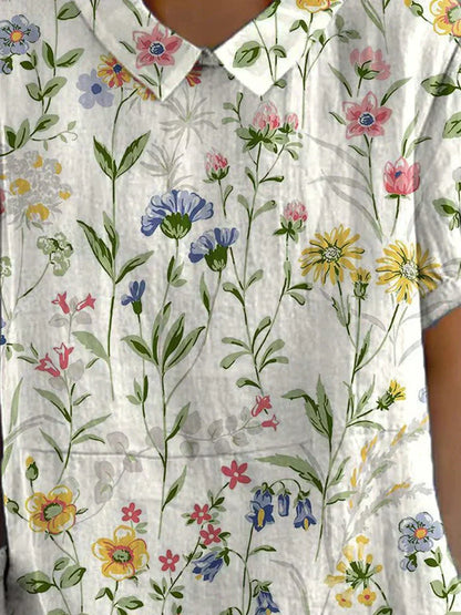 Camila - Camisa casual feminina em algodão e linho com estampado floral retro